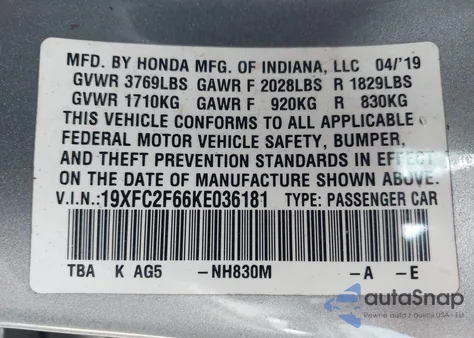 2019 Honda Civic Lx z USA, uszkodzony, nr VIN 19XFC2F66KE036181